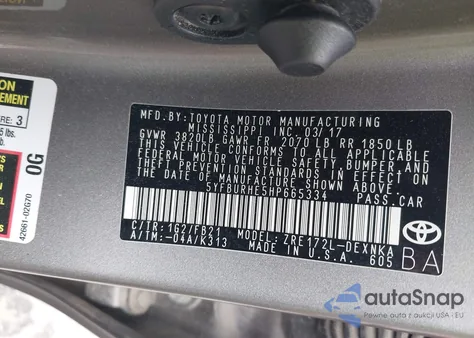 2017 Toyota Corolla Le z USA, uszkodzony, nr VIN 5YFBURHE5HP665334